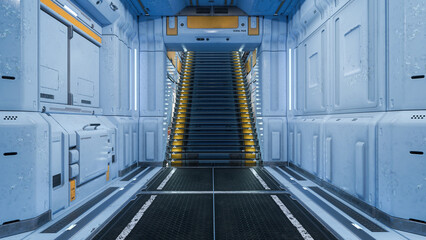 Poster - Hallway and staircase in a futuristic science fiction building. 3D illustration.