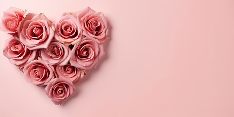 Poster - Hearts made of roses on a pink background. Top view with copy space