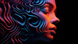 Frauengesicht mit abstrakter bunter Frisur aus harmonischen Wellenformen. Konzept: Synästhesie verstehen. Fotorealistische Illustration in Neon-Farben