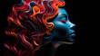 Frauenkopf mit abstrakter bunter Frisur aus harmonischen Wellenformen. Konzept: Warme Farben für innere Ruhe / Farben beeinflussen die Stimmung. Fotorealistische Illustration in Neon-Farben