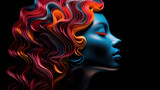 Fototapeta  - Frauenkopf mit abstrakter bunter Frisur aus harmonischen Wellenformen. Konzept: Warme Farben für innere Ruhe / Farben beeinflussen die Stimmung. Fotorealistische Illustration in Neon-Farben