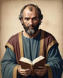 Apostle Paul - Realistic flat illustration of a biblical figure with a sword and a book, surrounded by abstract patterns and textures Gen AI