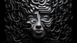 Frauengesicht in 3D-Labyrinth. Konzept: Komplexität und Rätselhaftigkeit von Persönlichkeit und Psyche. Künstlerisch, geheimnisvoll. Abstrakte Illustration mit dunklem Hintergrund