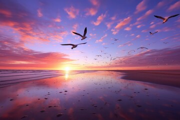 pink sunset on the sea with flying birds
