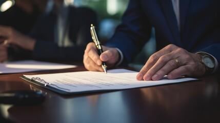 men in business suits signing legal document at table