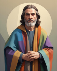 Wall Mural - Biblical Figure - Realistic flat illustration portrait of Joseph with a coat of many colors in geometric shapes composition Gen AI