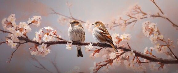 two birds stand on a tree branch