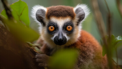 Wall Mural - Cute lemur looking at camera in tropical rainforest, striped fur generated by AI