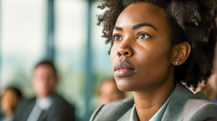 Business woman looking at the camera with colleagues behind in the meeting.