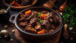 A rustic homemade beef stew with mushrooms, vegetables, and gravy generated by AI