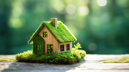 Wall Mural - Miniature house covered with moss and greenery, set in a lush, mossy landscape with beams of sunlight filtering through the background.