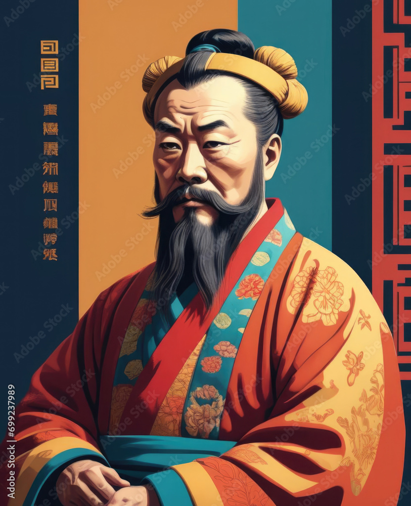 Confucius Color Confucius in Traditional Robes - Mid-shot portrait of an ancient ...
