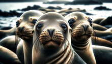 AI-generated Illustration Of Several California Sea Lions Basking In The Sun On A Sandy Beach