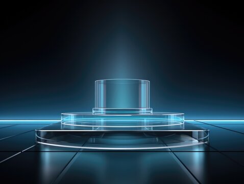 A glass pedestal on a tiled floor in a dark room. Transparent glass podium, copy-space.
