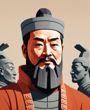 Emperor Qin Shi Huang - Mid-shot Portrait Of An Ancient Historical Figure Depicted In Flat Pop Art Style With Terracotta Soldiers Gen AI