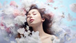 Portrait of a young woman surrounded by flying flowers.