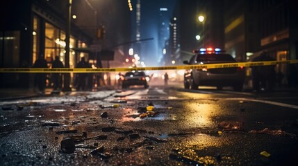 Crime scene at night on the street with yellow tape around the crime scene