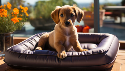 Poster - Cute puppy playing with toy, sitting on comfortable sofa generated by AI