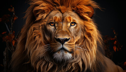 Wall Mural - Majestic lion, king of the savannah, staring with fierce eyes generated by AI