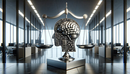 Wall Mural - AI and Law: Geometric Sculpture Balancing Human Judgment and Technology in Modern Office.