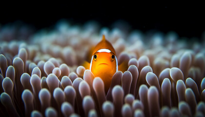 Poster - Cute clown fish swimming in blue water, looking at camera generated by AI