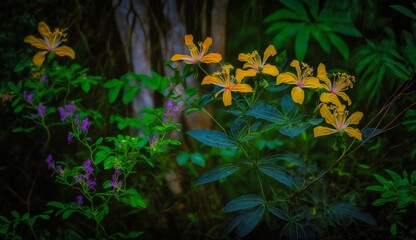 Vibrant wildflowers bloom profusely in the jungle, forming a striking mosaic of colors that captivates the eye against the prevailing backdrop of emerald green - AI Generative