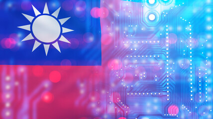 Poster - Microchips with Taiwan flag. Semiconductor production. Digital board. Computer chip. Development of microchips. PCB made in Taiwan. Computer industry. Manufacturing microchips in Taiwan. 3d image