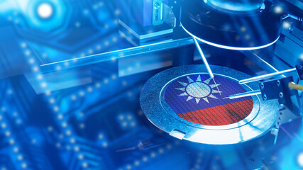 Poster - Microprocessor with Taiwan flag. Semiconductor production. Microprocessor manufacturing machine. Manufacturing of digital circuit boards in Taiwan. PCB manufacturing. Taiwan semiconductor industry