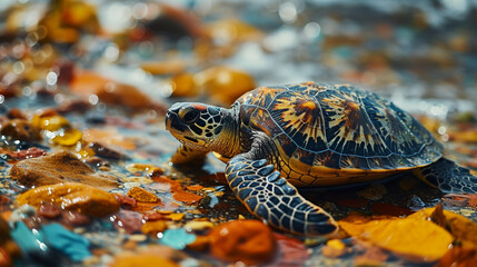 Poster - An artistic interpretation of a turtle, its shell a mosaic of multi-colored pencil shavings.