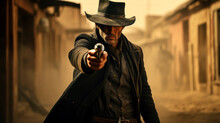 Cowboy Gunfighter Pointing Gun Like In Western Movie, Portrait Of Man Wearing Hats And Vintage Clothes During Shootout. Concept Of Bandit, Wild West, Outlaw, Shoot, Showdown, Gunfight