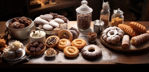 table covered with many cakes and pastries