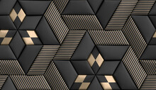 3D Soft Geometry Of High Quality Tiles With Realistic Texture Made From Black Leather With Golden Decor Stripes And Rhombus