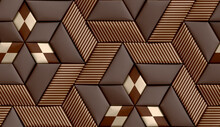3D Soft Geometry High Quality Realistic Texture Tiles Made From Brown And Golden Leather With Golden Decor Stripes And Rhom