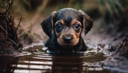 Wall Mural - Cute puppy playing in water, enjoying summer fun outdoors generated by AI