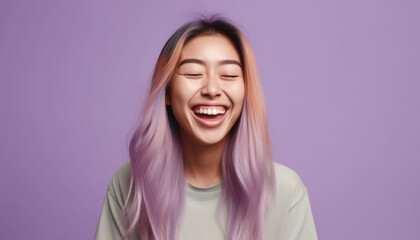 Sticker - Smiling young woman with beautiful eyes and open mouth laughing generated by AI