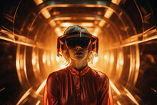 Generative AI image of futuristic woman with visor in tunnel