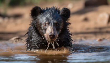 Wall Mural - Cute puppy playing in water, wet fur, looking at camera generated by AI