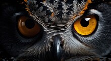 Big Yellow Eyes Of A Owl Close-up. Great Owl Eyes Looking At Camera.