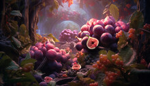 A Tropical Night, Underwater Reef, Purple Flower, Ripe Fruit Generated By AI