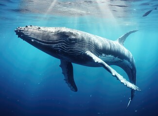 Wall Mural - the whale swimming in the ocean on a background that is blue stock