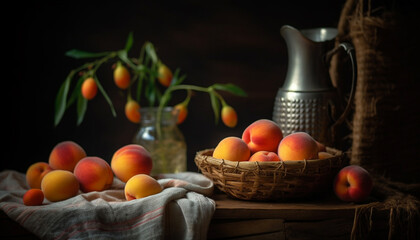 Wall Mural - Fresh fruit basket on wooden table, a healthy and organic still life generated by AI
