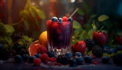 Wall Mural - Freshness of summer berries on a wooden table, a refreshing drink generated by AI