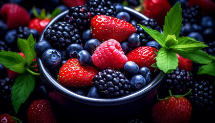 Wall Mural - Freshness of summer berries, a healthy gourmet dessert on wood generated by AI