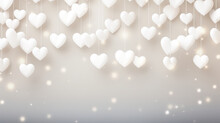 Valentine's Day Background With White Hearts Hanging And Bokeh Lights.