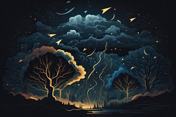 Poster - Night landscape with trees, clouds and stars
