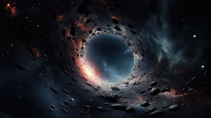 black hole in deep space, surrounded by cosmic wonders. an awe-inspiring glimpse into mysteries of t