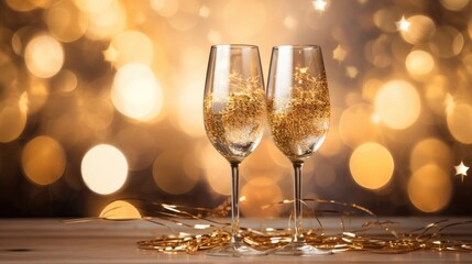 two glasses of champagne in front of blurry golden lights