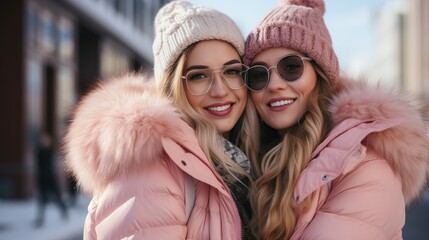 Wall Mural - Blonde friends dressed in pink in winter. AI Generated.