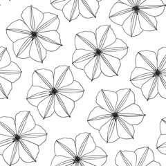 Wall Mural - Vector linear flowers of clematis seamless pattern. Hand drawn simple elements. Elegant floral background for design packaging textile wallpaper fabric