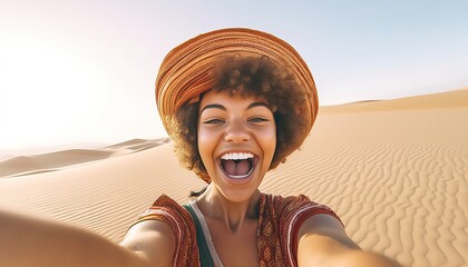 Wall Mural - Happy female tourist taking selfie on sand dunes in the Africa desert, Sahara National Park , Influencer travel blogger enjoying trip while takes self portrait , Summer vacation and weekend activities